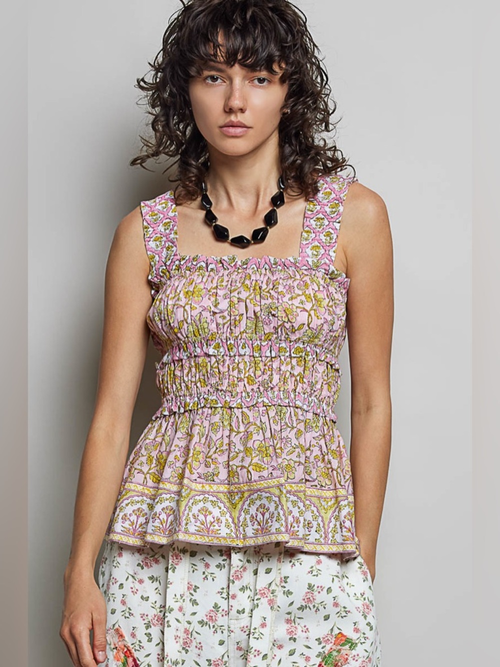 POL Smocked Printed Square Neck Peplum Tank with Ruffle Trim